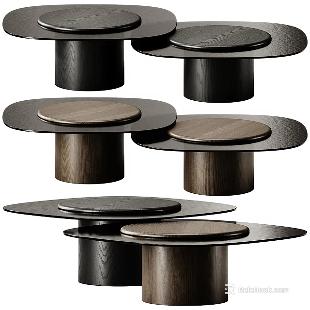 Modern Living Room Coffee Table Designs With Wooden Pedestal And Round Black Tabletop 3d model 