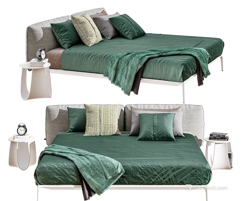 Modern Double Bed With Green Bedding Colorful Pillows And Bedside Table 3d model
