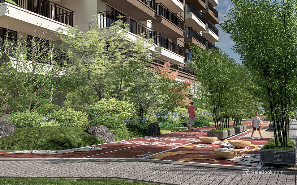 Residential Landscape Plant Combination with Lush Trees Shrubs and Greenery Along Pathway 3d model 