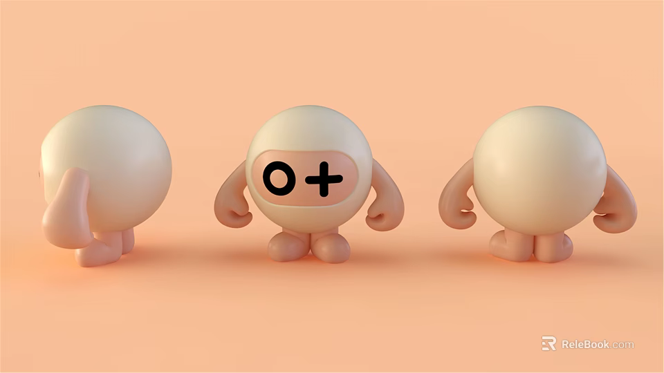 Three Round Shaped Toy Dolls With O+ Symbol In The Middle On Orange Background 3d model