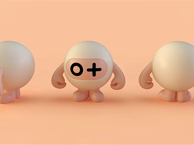 Three Round Shaped Toy Dolls With O+ Symbol In The Middle On Orange Background 3d model