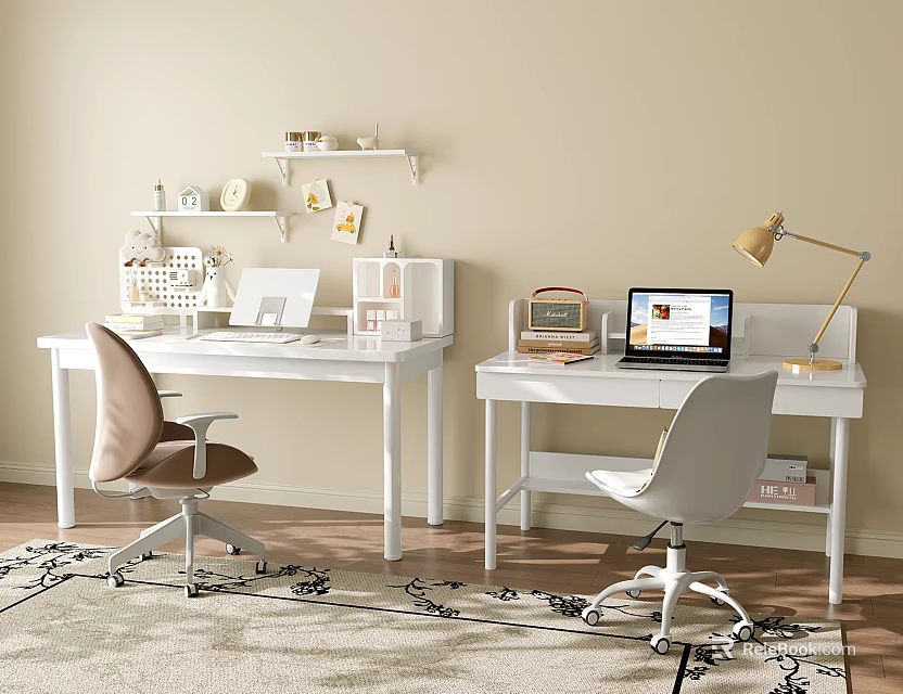 Modern White Desks In Study Room With Laptop Table Lamp Shelf And Chairs 3d model 