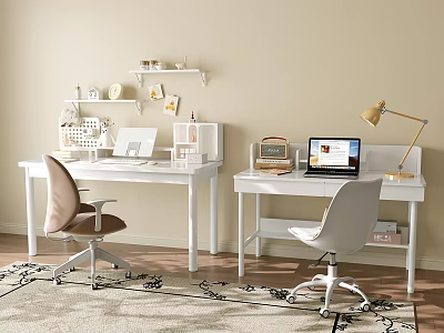 Modern White Desks In Study Room With Laptop Table Lamp Shelf And Chairs 3d model