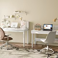 Modern White Desks In Study Room With Laptop Table Lamp Shelf And Chairs