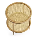 Two Tier Round Side Table With Wooden Frame And Rattan Shelves For Living Room