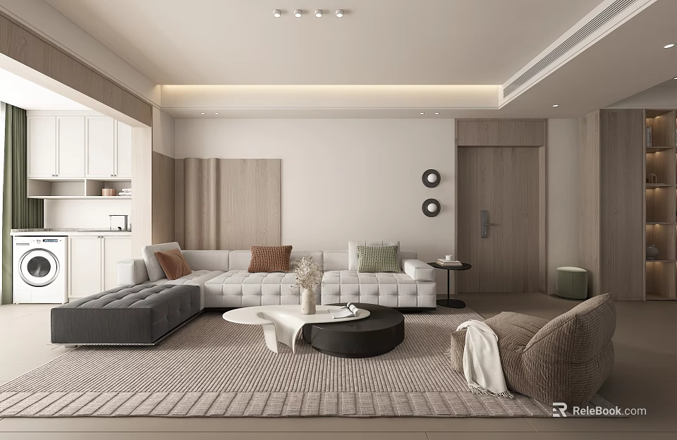 Modern Living Room Interior With L Shaped Sofa White Round Coffee Table And Beige Rug 3d model 