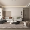 Modern Living Room Interior With L Shaped Sofa White Round Coffee Table And Beige Rug