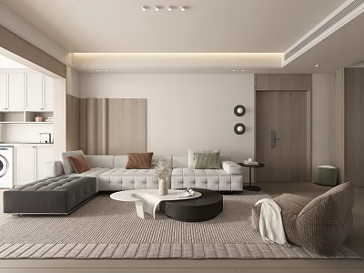 Modern Living Room Interior With L Shaped Sofa White Round Coffee Table And Beige Rug 3d model