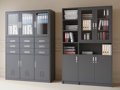 Gray Office File Cabinets With Drawers Glass Doors And Storage Shelves 3d model