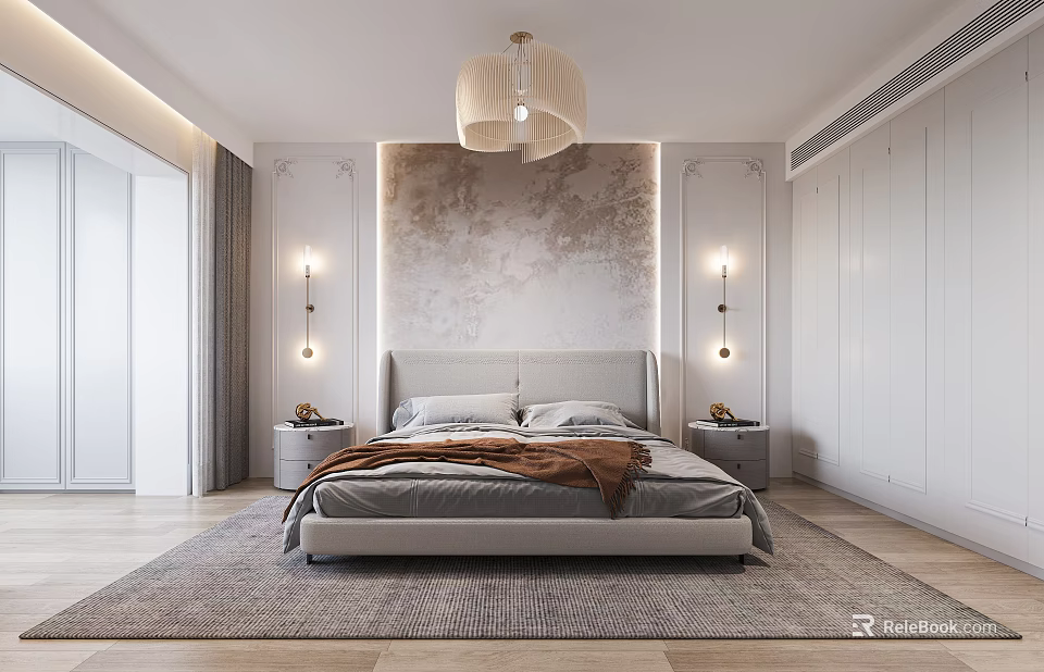 Modern Bedroom Interior With Textured Headboard Wall Pendant Light Bedside Nightstands And Area Rug 3d model 