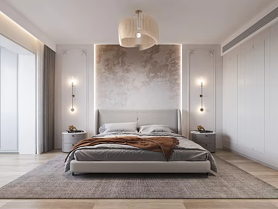 Modern Bedroom Interior With Textured Headboard Wall Pendant Light Bedside Nightstands And Area Rug 3d model