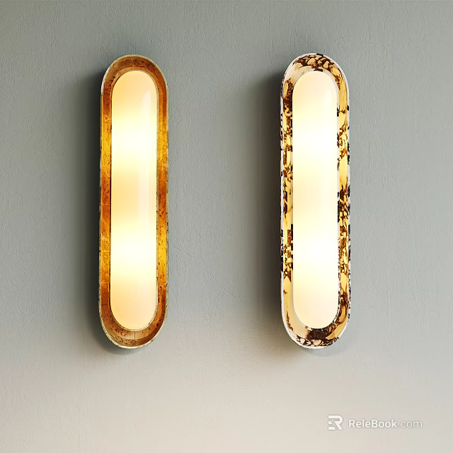 Illuminated Elongated Wall Lamps With Golden Distressed Frames On Gray Wall 3d model 