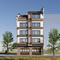 Multi Storey Modern Chinese Style Building With Gray White Exterior Wooden Decorations And Street Trees