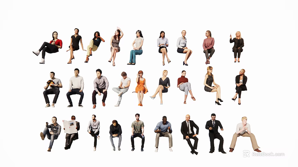 Group of Diverse People in Various Sitting Poses for Design Collection 3d model 
