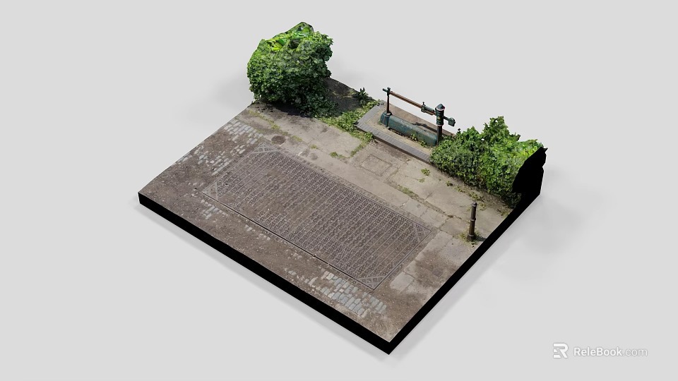 Textured Ground With Greenery And Fence Elements 3d model