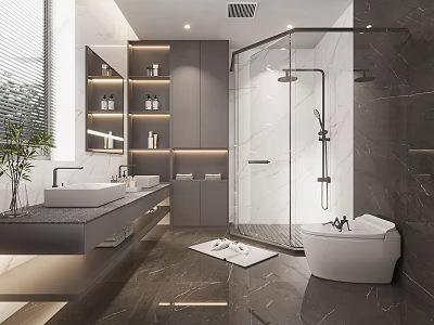 Modern Bathroom Interior Design With Double Vanity Glass Shower Freestanding Bathtub And Stone Countertop 3d model