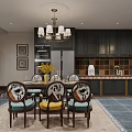 Classic Kitchen Interior With Dark Cabinets Colorful Tiled Walls Brown Countertops And Blue Floor Tiles
