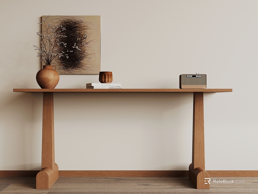 Wooden Console Table With Vase Artwork Books And Vintage Radio On Neutral Wall 3d model 