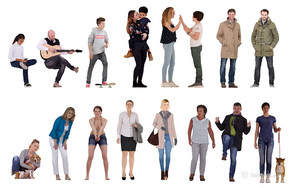Group Of Diverse People In Various Poses And Clothing On White Background 3d model 