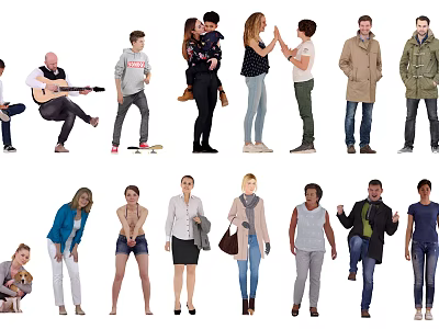 Group Of Diverse People In Various Poses And Clothing On White Background 3d model