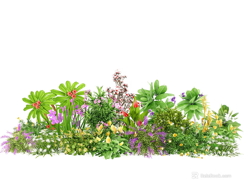 Colorful Garden Flowers And Plants Featuring Purple Yellow Red Blooms And Green Foliage 3d model 