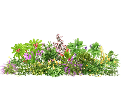 Colorful Garden Flowers And Plants Featuring Purple Yellow Red Blooms And Green Foliage 3d model