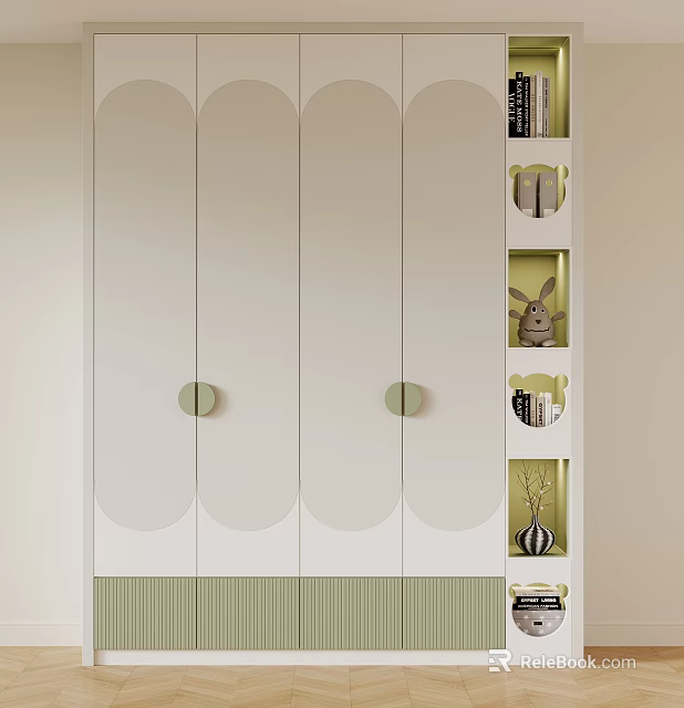 Modern White Wardrobe with Curved Doors Round Handles Green Striped Base and Decorative Shelves 3d model 