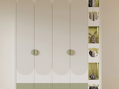 Modern White Wardrobe with Curved Doors Round Handles Green Striped Base and Decorative Shelves 3d model