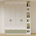 Modern White Wardrobe with Curved Doors Round Handles Green Striped Base and Decorative Shelves