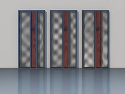 Three Modern Hinged Doors with Wood Grain and Mesh Panel Design for Home 3d model
