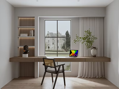 Modern Study Room Interior With Long Desk Chair And Large Window 3d model