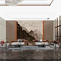 Elegant Hotel Lobby Interior With Mountain Painting Sofas Coffee Tables Rug And Chandelier