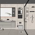Modern Bathroom Interior Design With Round Mirror Vanity And Walk In Shower