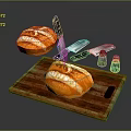 Fresh Homemade Bread on Wooden Cutting Board with Knives Grater and Salt Pepper Shakers