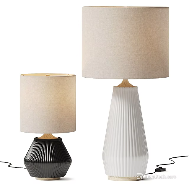 Two Stylish Table Lamps With Textured Bases And Beige Fabric Shades 3d model 