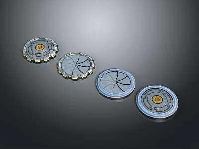 Metallic Circular Components With Radial Patterns Yellow Centers And Silver Edges 3d model