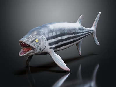 Realistic Prehistoric Fish Model With Sharp Teeth Open Mouth And Striped Body 3d model