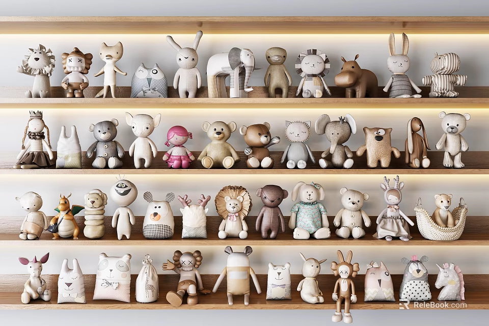 Adorable Stuffed Animal Dolls on Multiple Shelves with Different Colors and Designs 3d model 