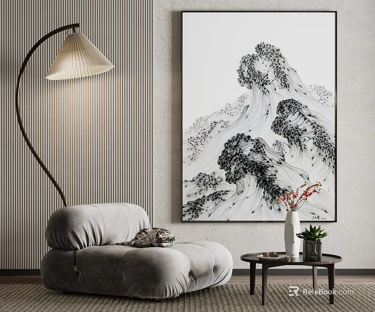 Modern Interior with Abstract Painting Floor Lamp Gray Sofa and Vase with Flowers 3d model 