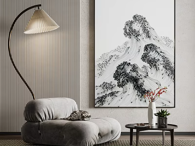 Modern Interior with Abstract Painting Floor Lamp Gray Sofa and Vase with Flowers 3d model