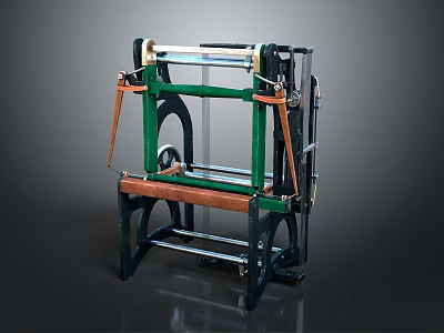 Vintage Manual Printing Press With Green Frame Wooden Base And Metal Rollers 3d model