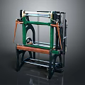 Vintage Manual Printing Press With Green Frame Wooden Base And Metal Rollers