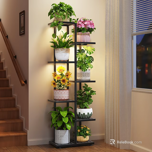 Stylish Entryway With Multi Tiered Plant Stand And Colorful Potted Plants 3d model 