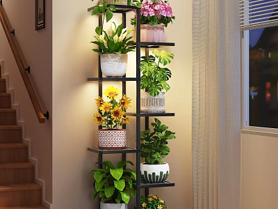 Stylish Entryway With Multi Tiered Plant Stand And Colorful Potted Plants 3d model