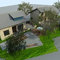 Traditional Guesthouse Building With Wooden Walkway Stone Pavement And Outdoor Seating