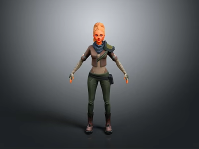 3D Female Character With Orange Hair Blue Scarf And Utility Style Outfit 3d model