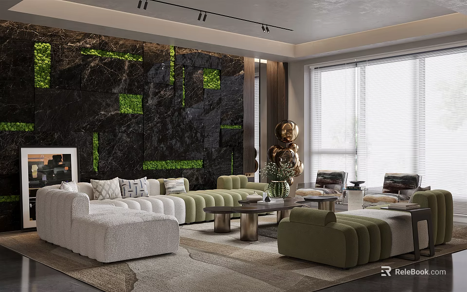 Modern Living Room Interior With Green Square Accents White Green Sofas And Metallic Coffee Tables 3d model 