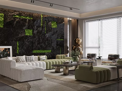 Modern Living Room Interior With Green Square Accents White Green Sofas And Metallic Coffee Tables 3d model