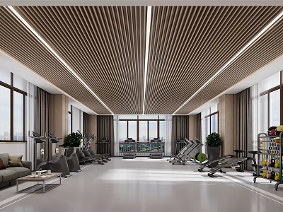 Modern Fitness Gym Interior With Wooden Ceiling Large Windows Workout Equipment And Green Plants 3d model