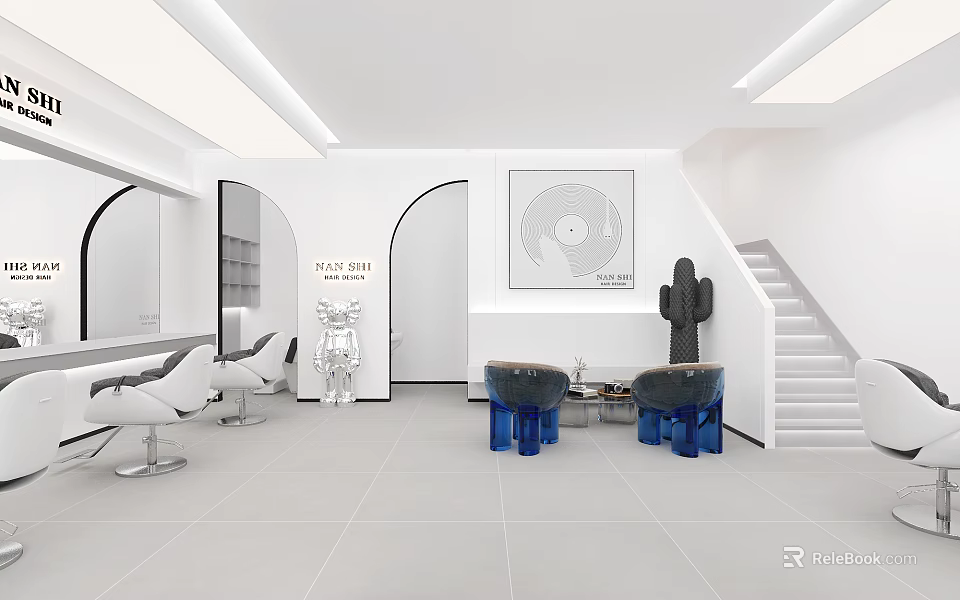 Modern Beauty Hair Salon Interior With White Walls Mirrors Chairs Blue Seating And Staircase 3d model 
